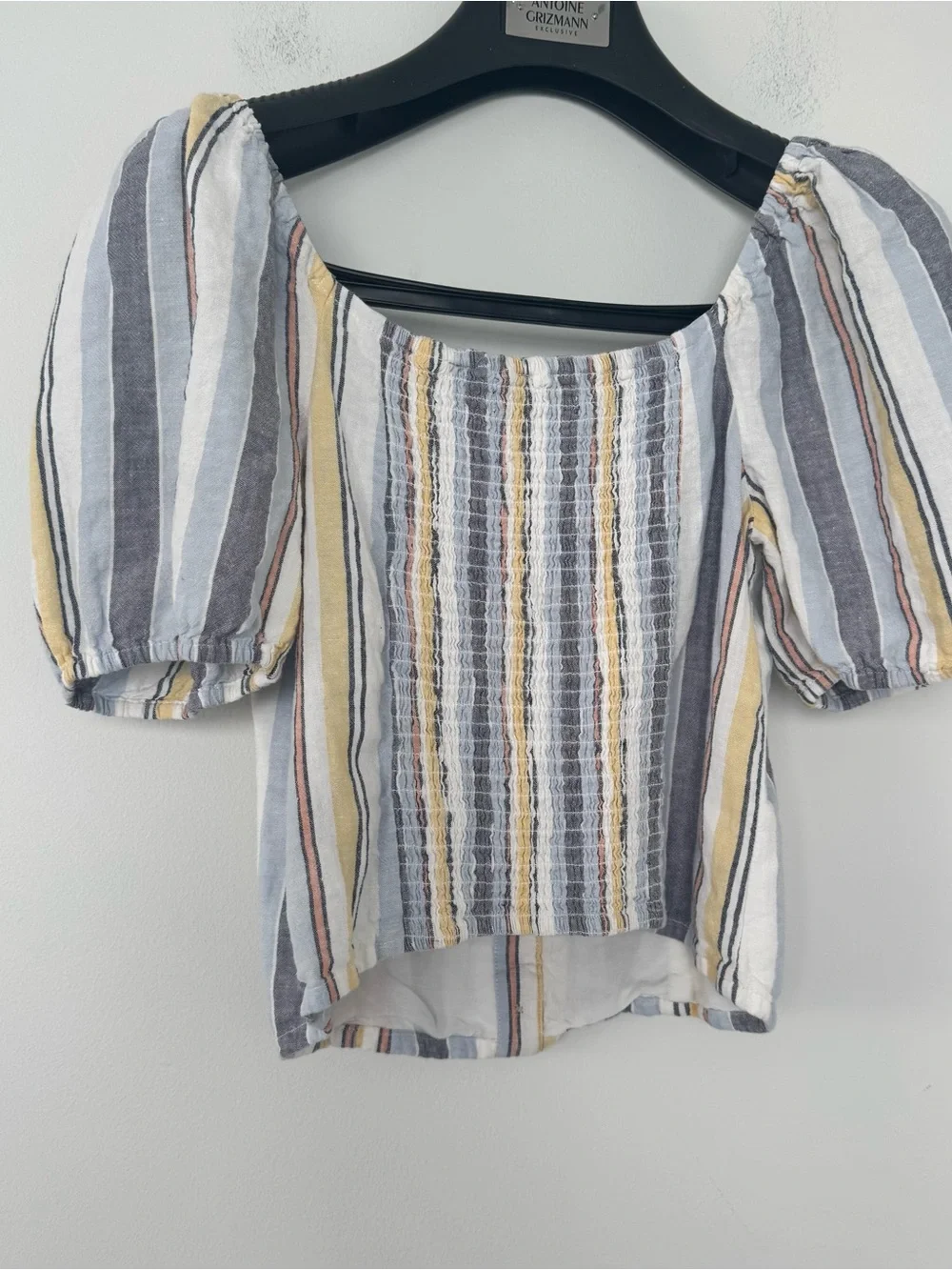 Abercrombie & Fitch Linen Crop Top Pastel Stripe Puff Sleeve Smocked Blouse S